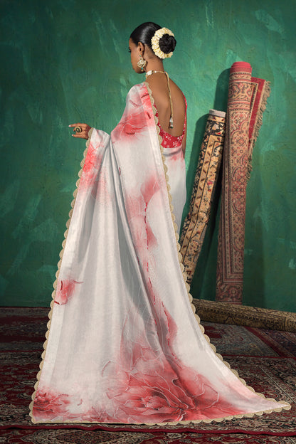 Red & White Hand Embellished Saree