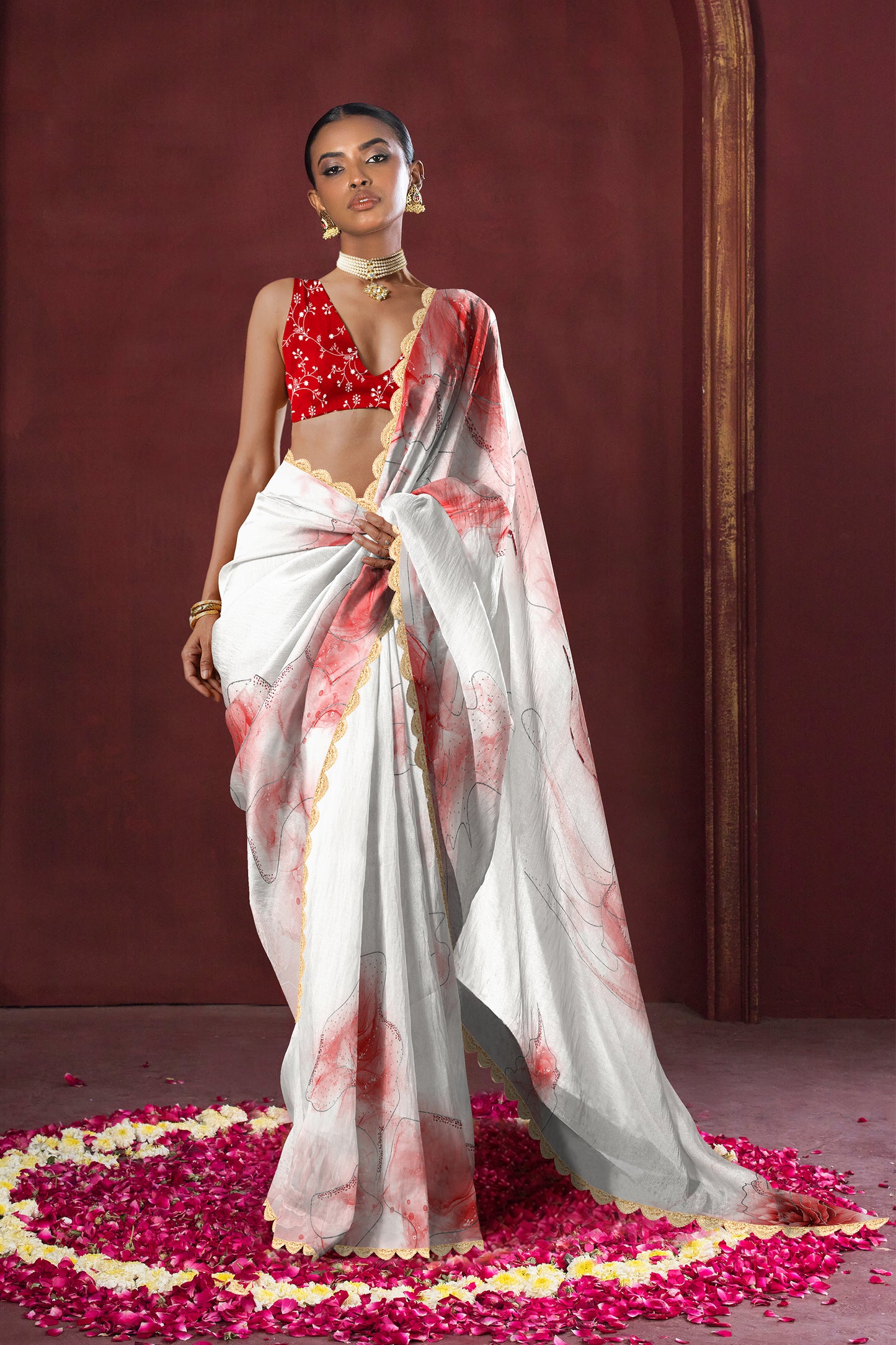 Red & White Hand Embellished Saree