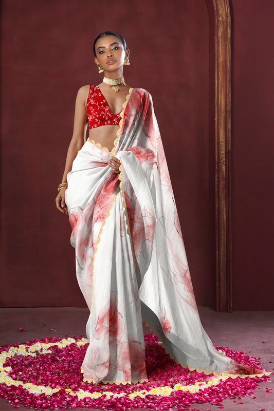 Red & White Hand Embellished Saree