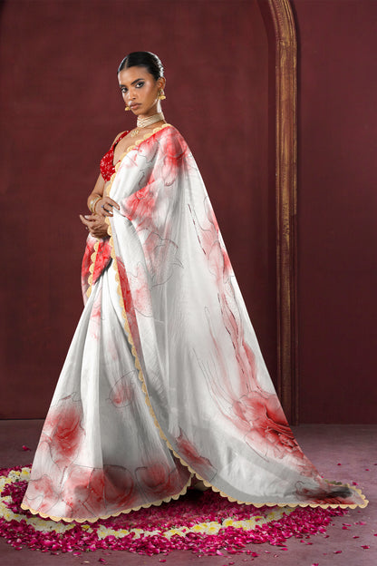 Red & White Hand Embellished Saree