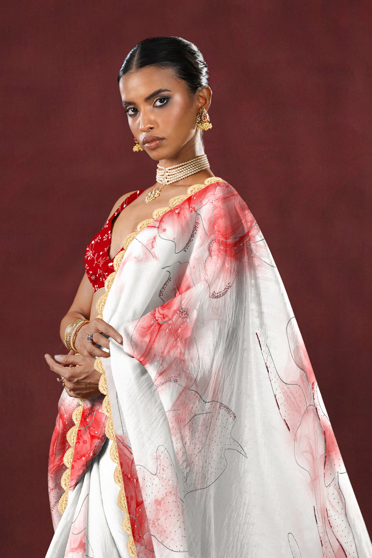 Red & White Hand Embellished Saree