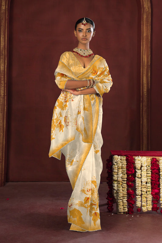 Yellow Floral Print Saree