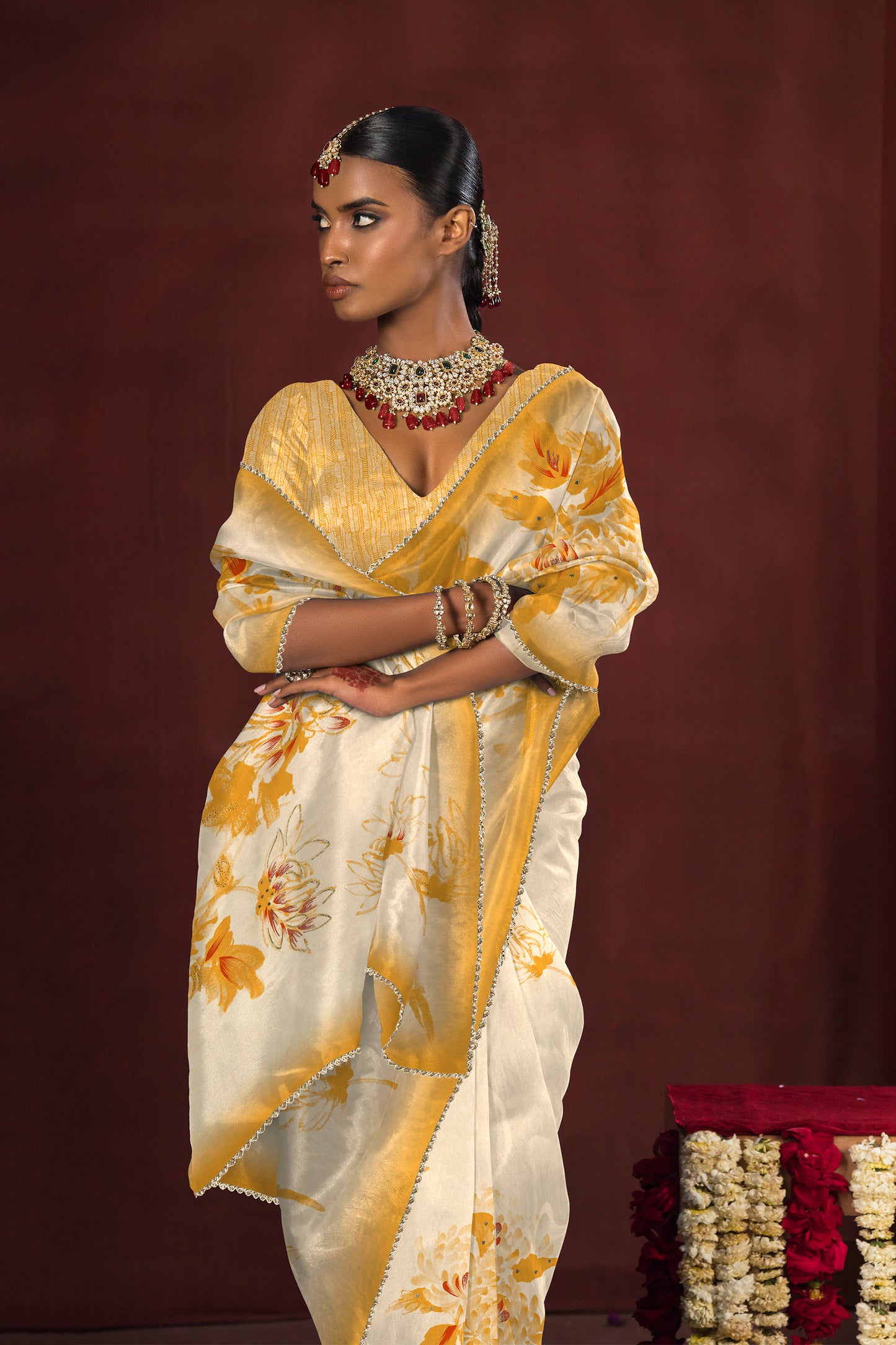 Yellow Floral Print Saree