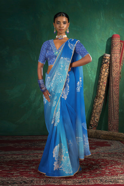 Saachi Subtle Floral Motif Print Saree - Royal Blue