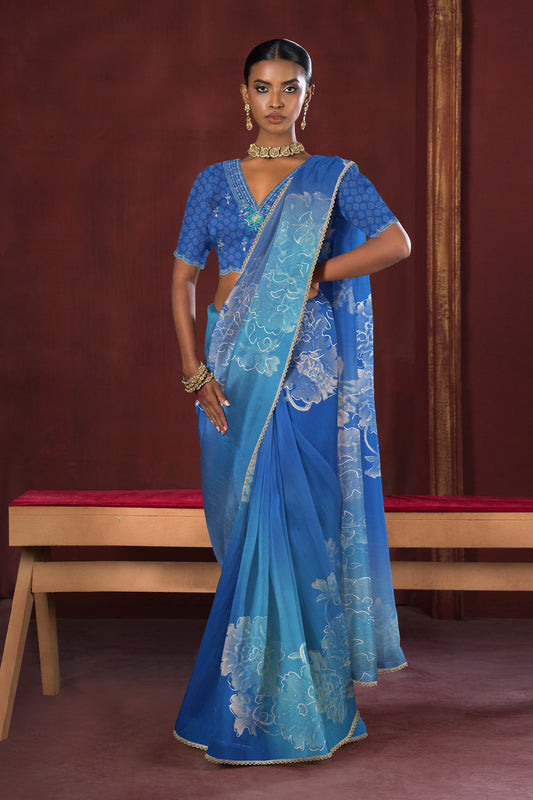 Saachi Subtle Floral Motif Print Saree - Royal Blue