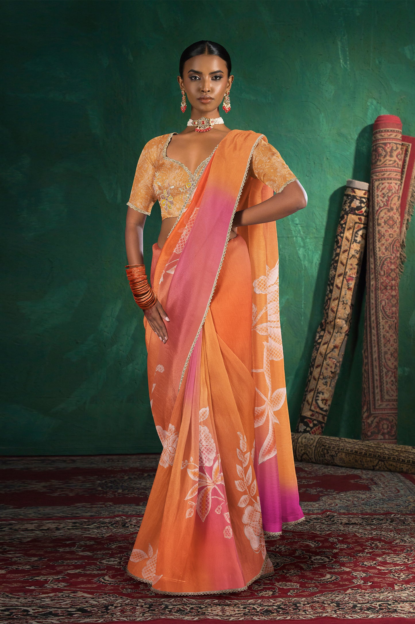 Saachi Subtle Floral Motif Print Saree - Sunset Orange
