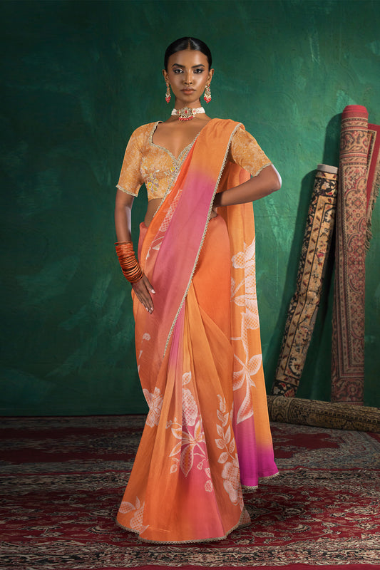 Saachi Subtle Floral Motif Print Saree - Sunset Orange