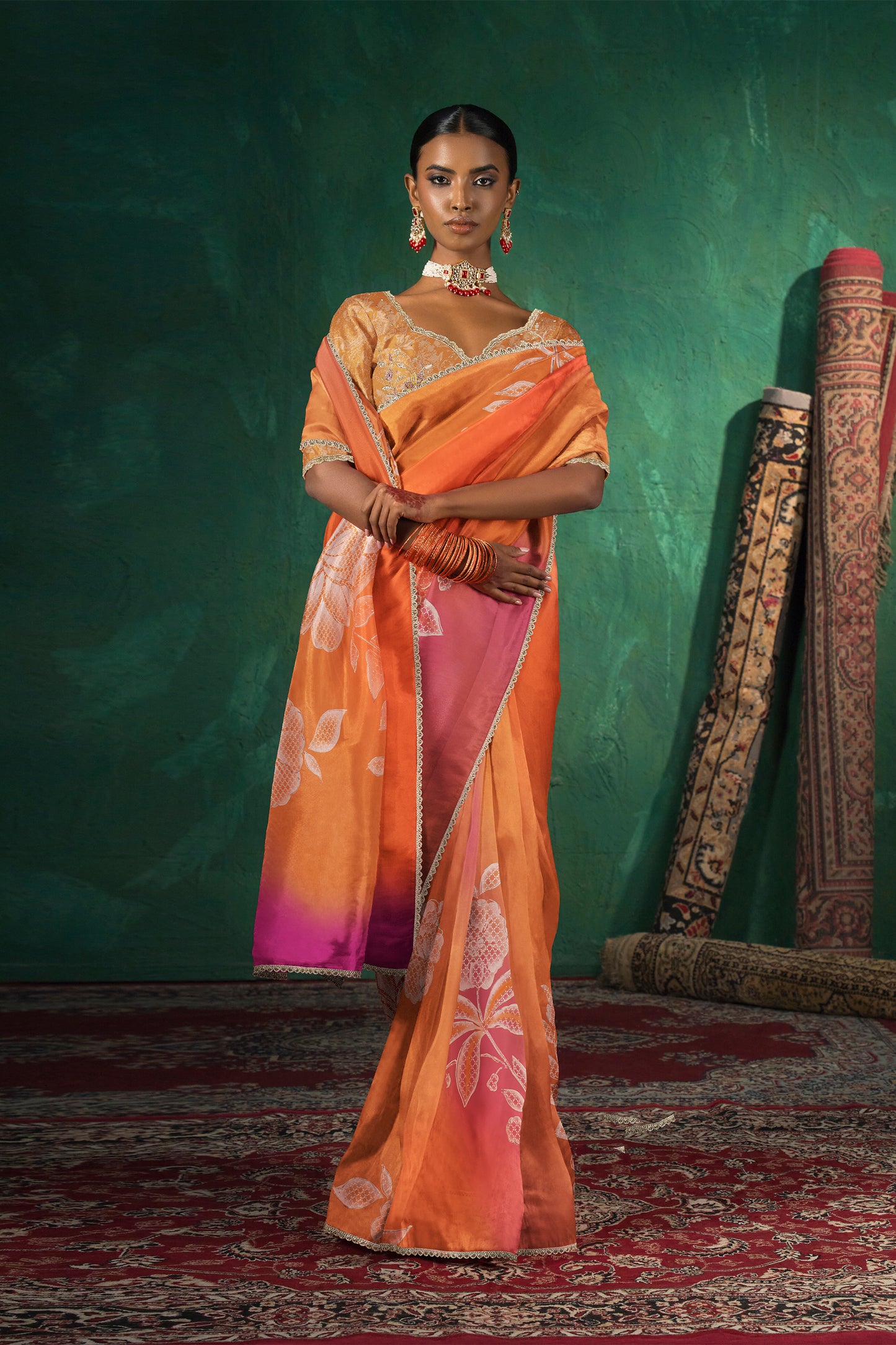 Saachi Subtle Floral Motif Print Saree - Sunset Orange