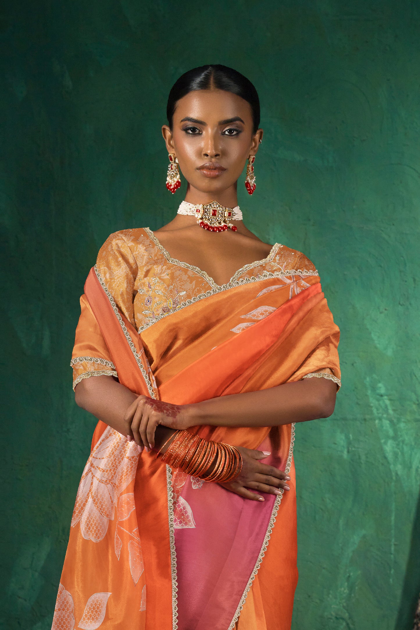Saachi Subtle Floral Motif Print Saree - Sunset Orange