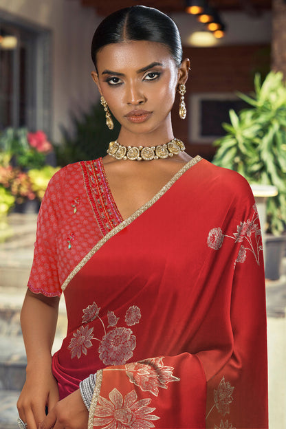 Saachi Subtle Floral Motif Print Saree - Red