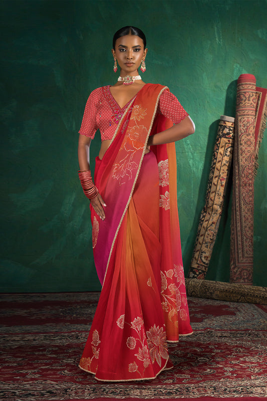 Saachi Subtle Floral Motif Print Saree - Red