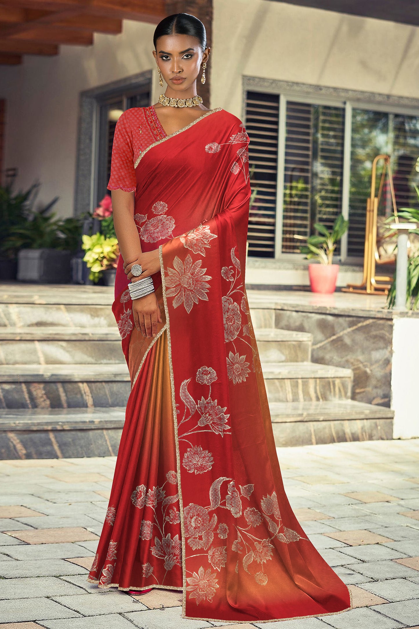 Saachi Subtle Floral Motif Print Saree - Red