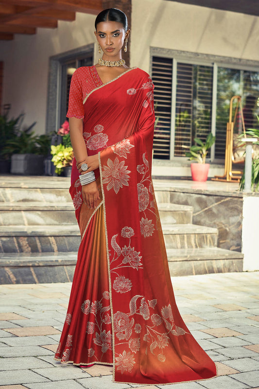 Saachi Subtle Floral Motif Print Saree - Red