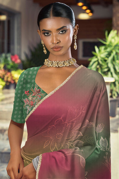 Saachi Subtle Floral Motif Print Saree - Green