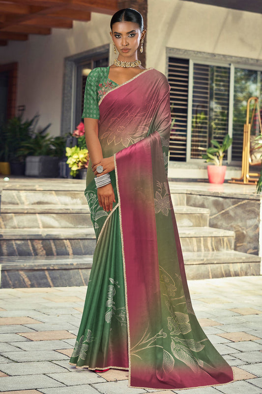 Saachi Subtle Floral Motif Print Saree - Green
