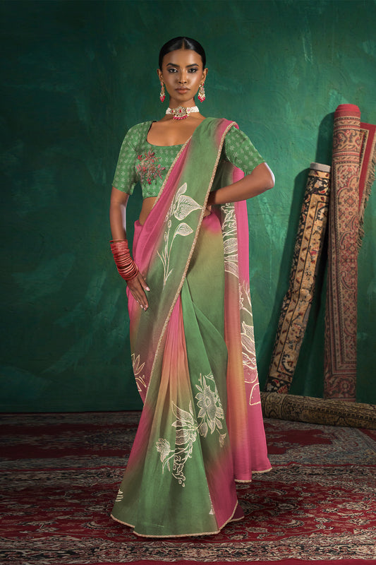 Saachi Subtle Floral Motif Print Saree - Green
