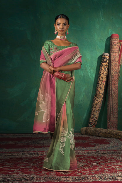 Saachi Subtle Floral Motif Print Saree - Green