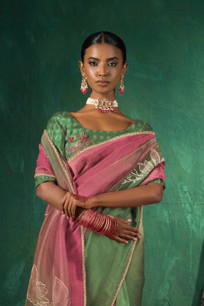 Saachi Subtle Floral Motif Print Saree - Green