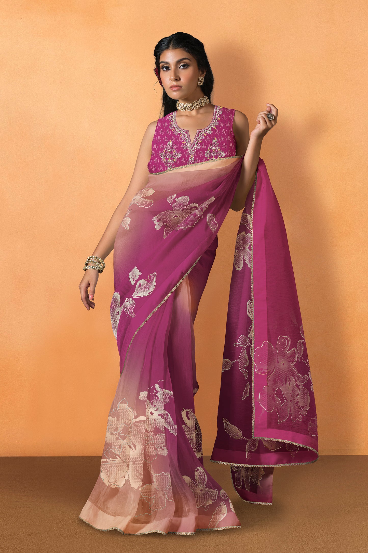 Saachi Subtle Floral Motif Print Saree - Deep Rani Pink