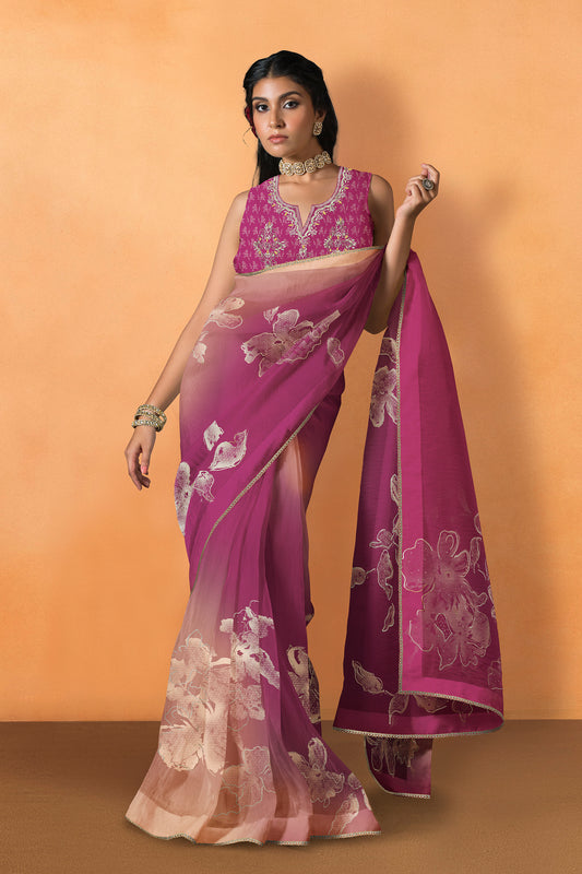 Saachi Subtle Floral Motif Print Saree - Deep Rani Pink