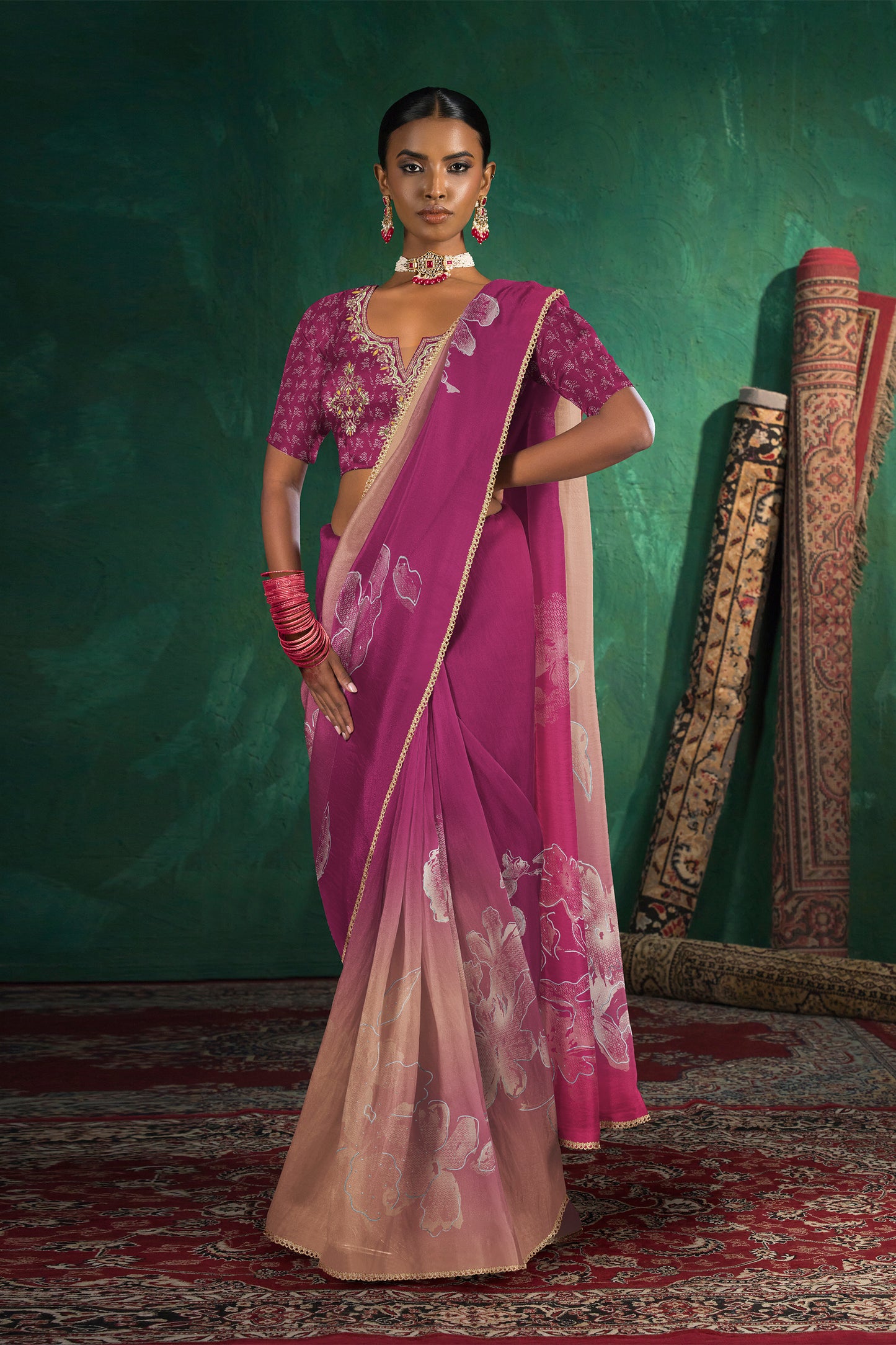 Saachi Subtle Floral Motif Print Saree - Deep Rani Pink