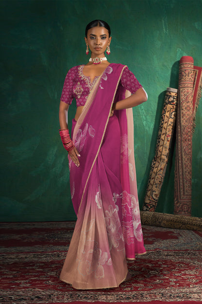 Saachi Subtle Floral Motif Print Saree - Deep Rani Pink