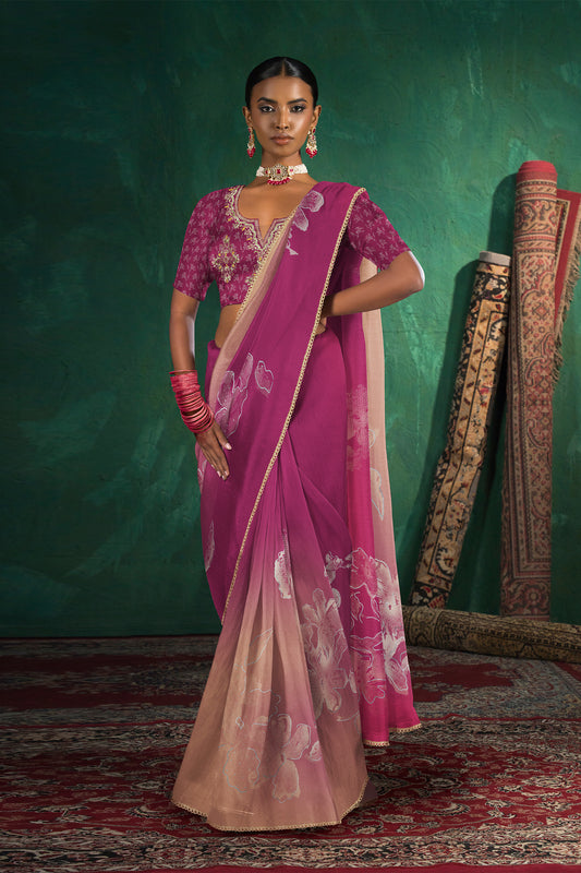Saachi Subtle Floral Motif Print Saree - Deep Rani Pink