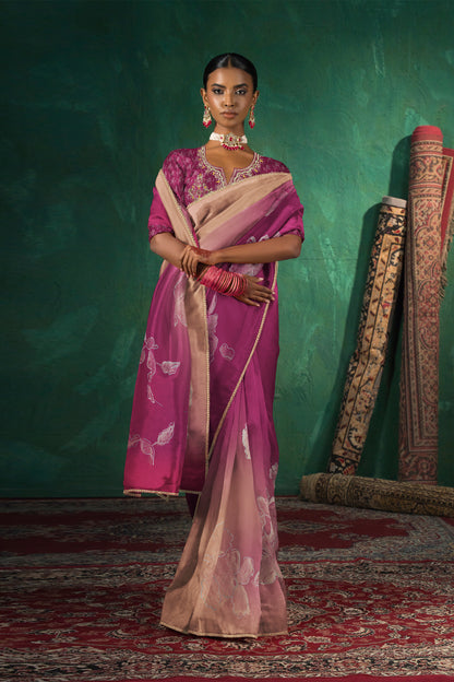 Saachi Subtle Floral Motif Print Saree - Deep Rani Pink