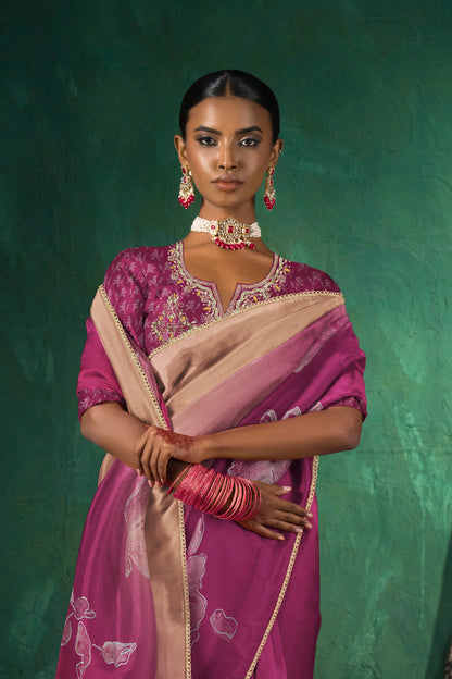 Saachi Subtle Floral Motif Print Saree - Deep Rani Pink