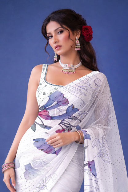 Ira hand Sketch floral Printed Satin silk tissue Saree - White