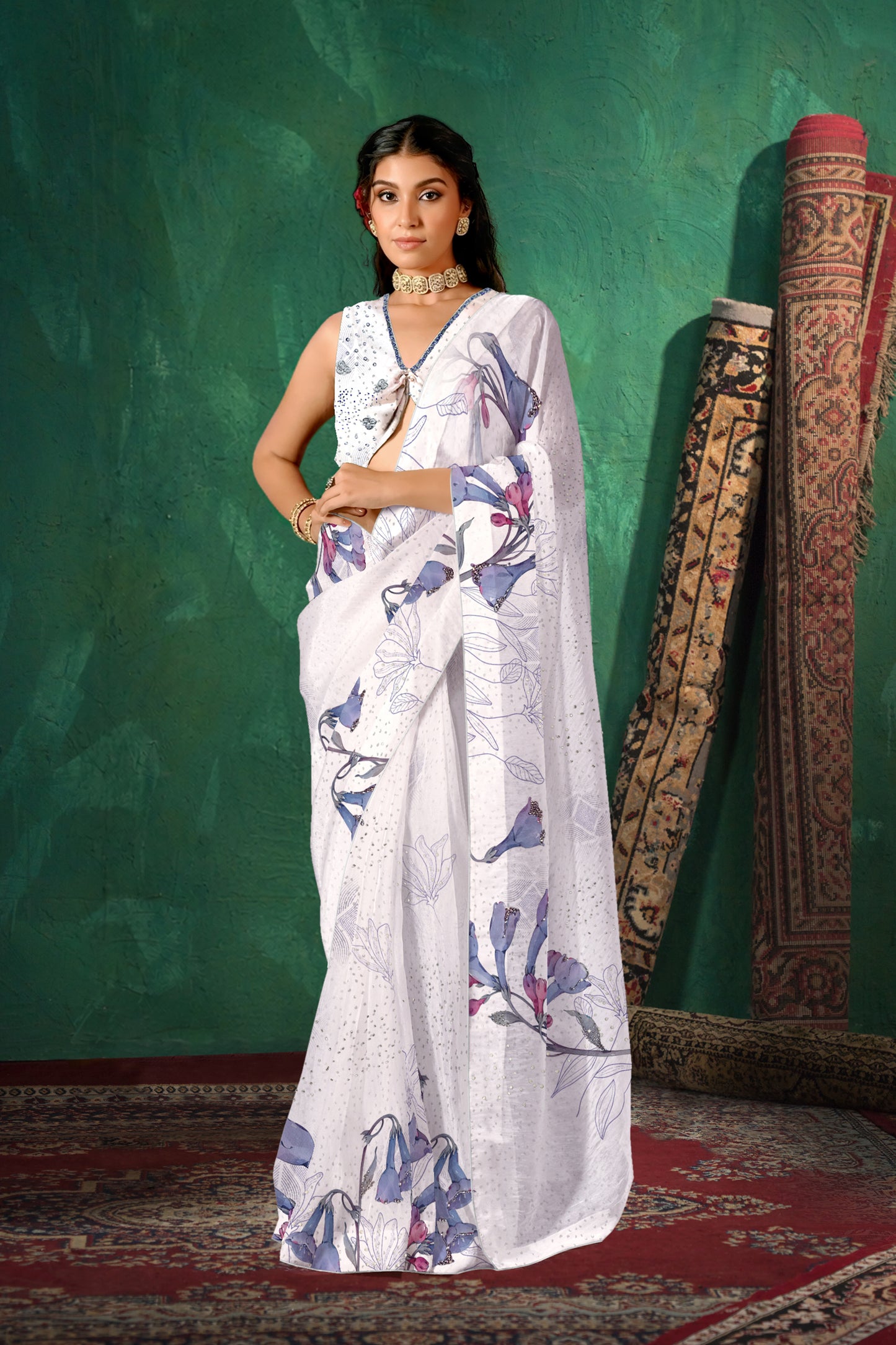 Ira hand Sketch floral Printed Satin silk tissue Saree - White