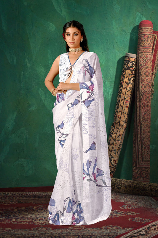 Ira hand Sketch floral Printed Satin silk tissue Saree - White