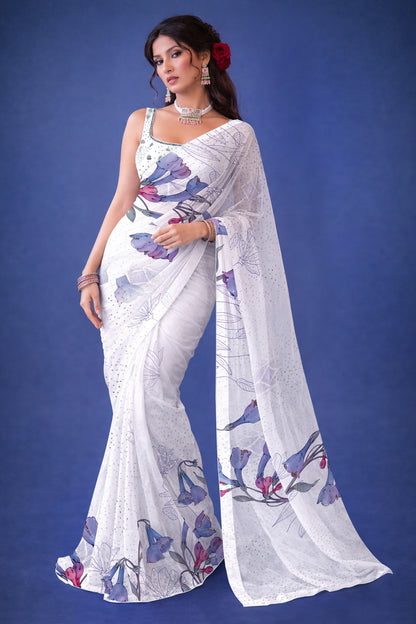 Ira hand Sketch floral Printed Satin silk tissue Saree - White