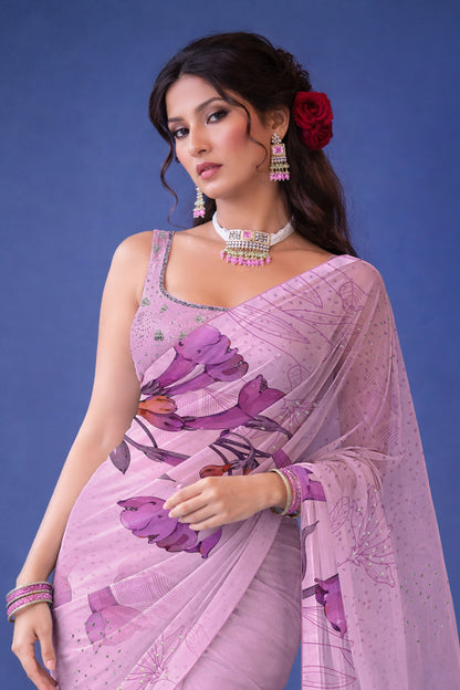 Ira hand Sketch floral Printed Satin silk tissue Saree - Blush lilac