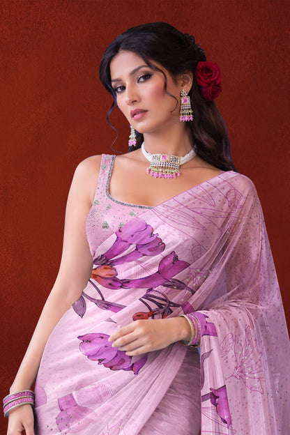 Ira hand Sketch floral Printed Satin silk tissue Saree - Blush lilac