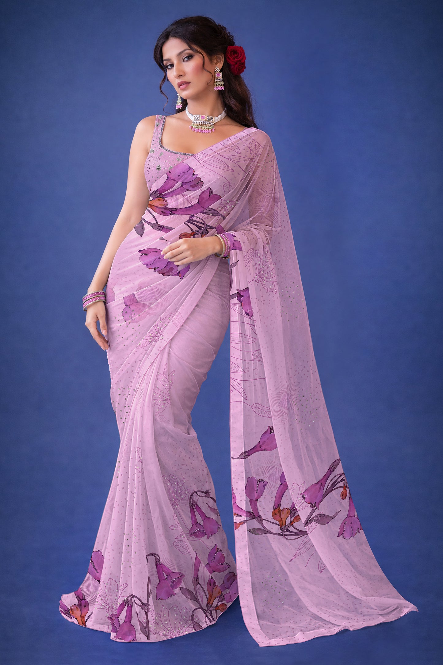 Ira hand Sketch floral Printed Satin silk tissue Saree - Blush lilac