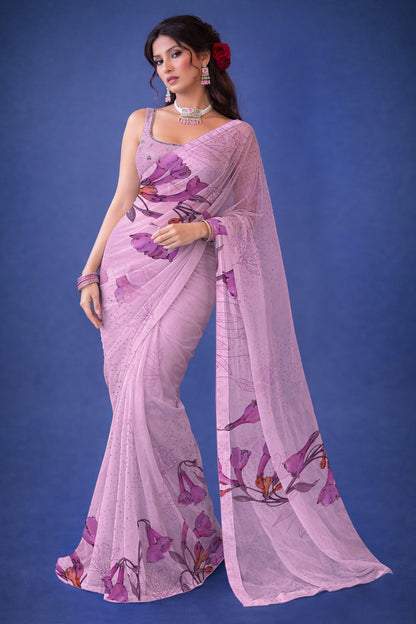 Ira hand Sketch floral Printed Satin silk tissue Saree - Blush lilac