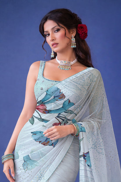 Ira hand Sketch floral Printed Satin silk tissue Saree - Powder Blue