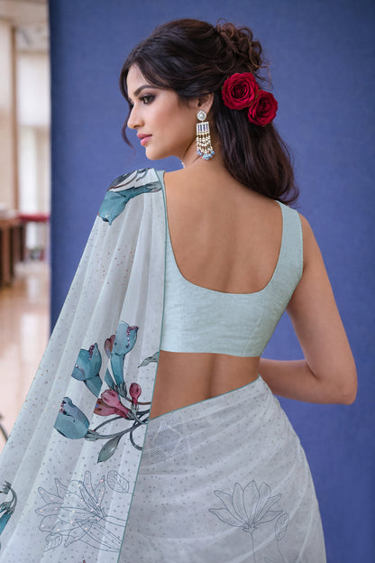 Ira hand Sketch floral Printed Satin silk tissue Saree - Powder Blue