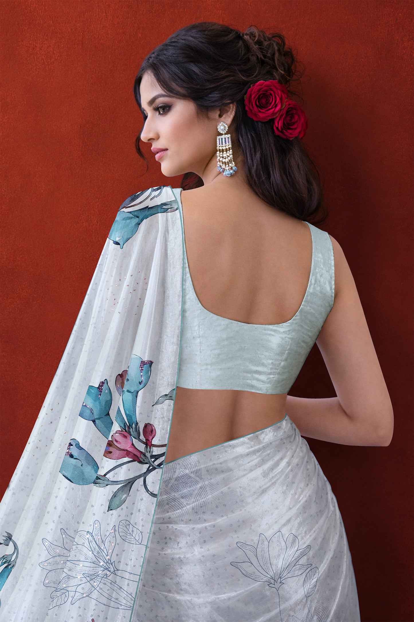 Ira hand Sketch floral Printed Satin silk tissue Saree - Powder Blue