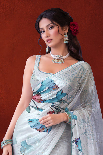 Ira hand Sketch floral Printed Satin silk tissue Saree - Powder Blue