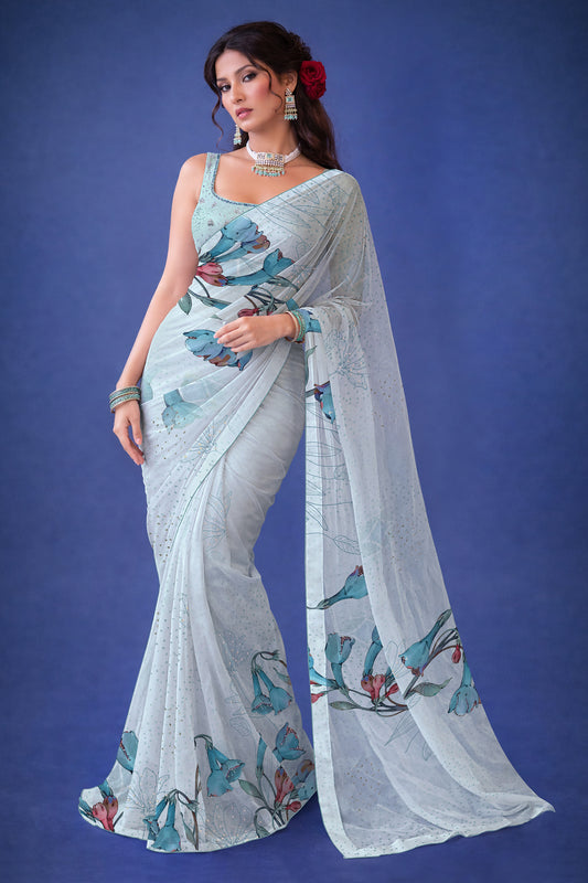 Ira hand Sketch floral Printed Satin silk tissue Saree - Powder Blue