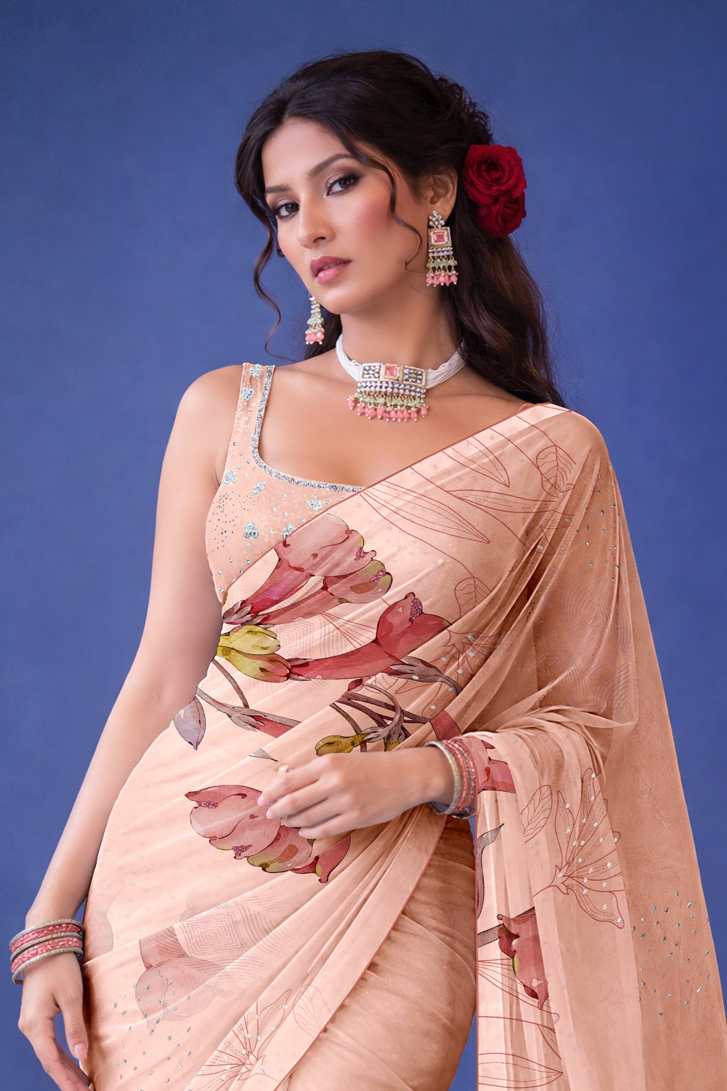 Ira hand  Sketch floral Printed Satin silk tissue Saree - Soft Peach
