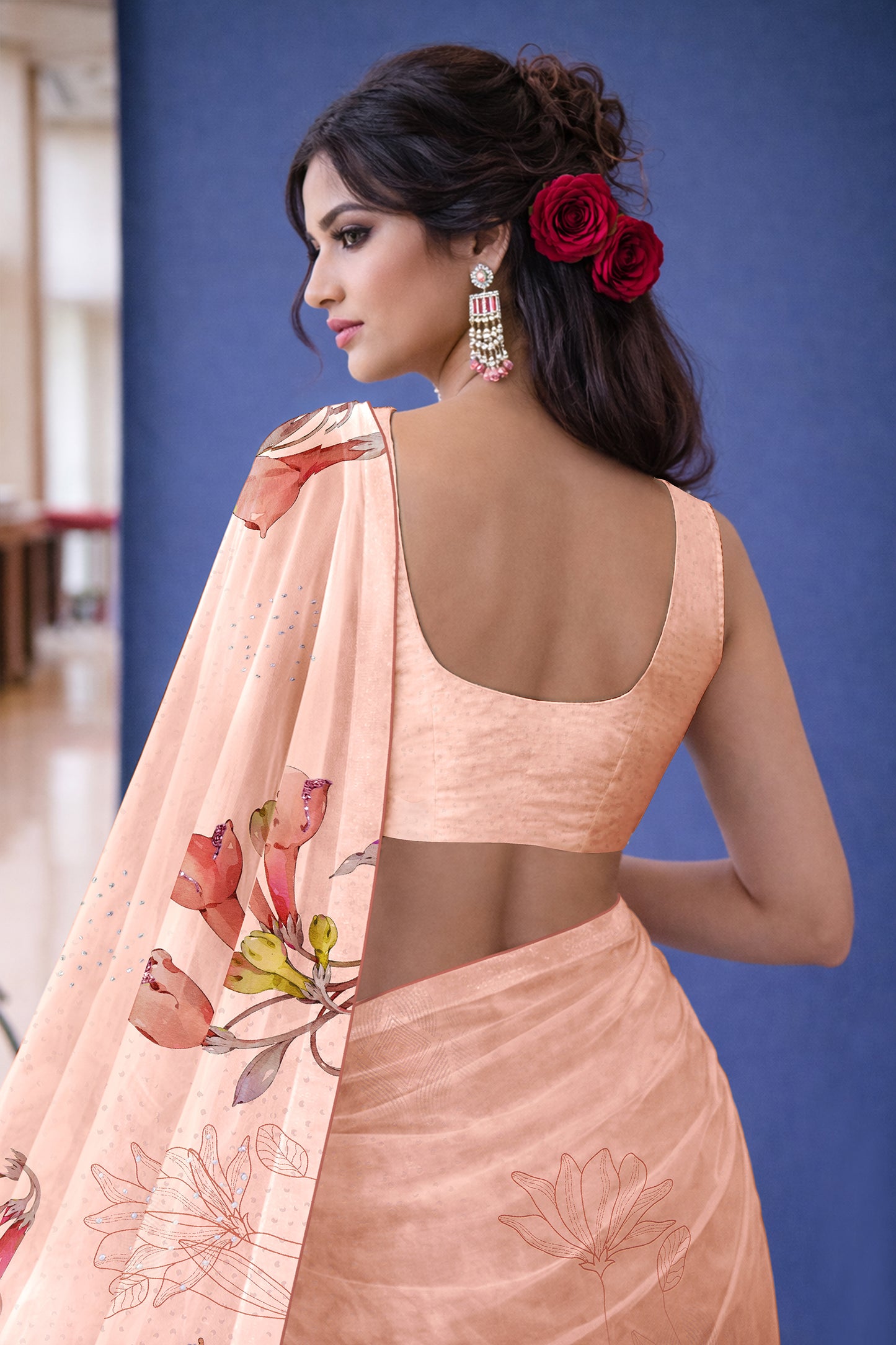 Ira hand  Sketch floral Printed Satin silk tissue Saree - Soft Peach