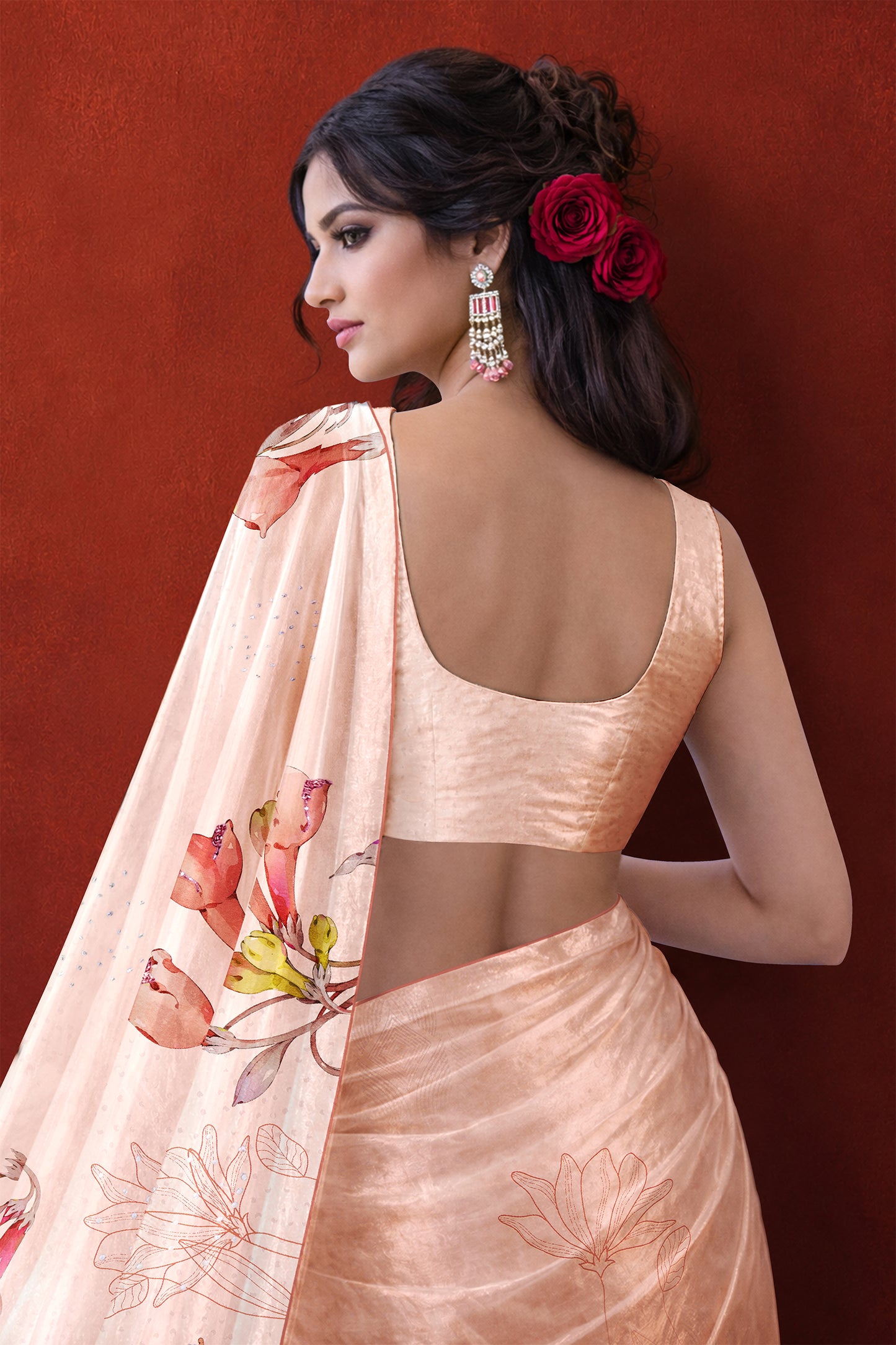 Ira hand  Sketch floral Printed Satin silk tissue Saree - Soft Peach