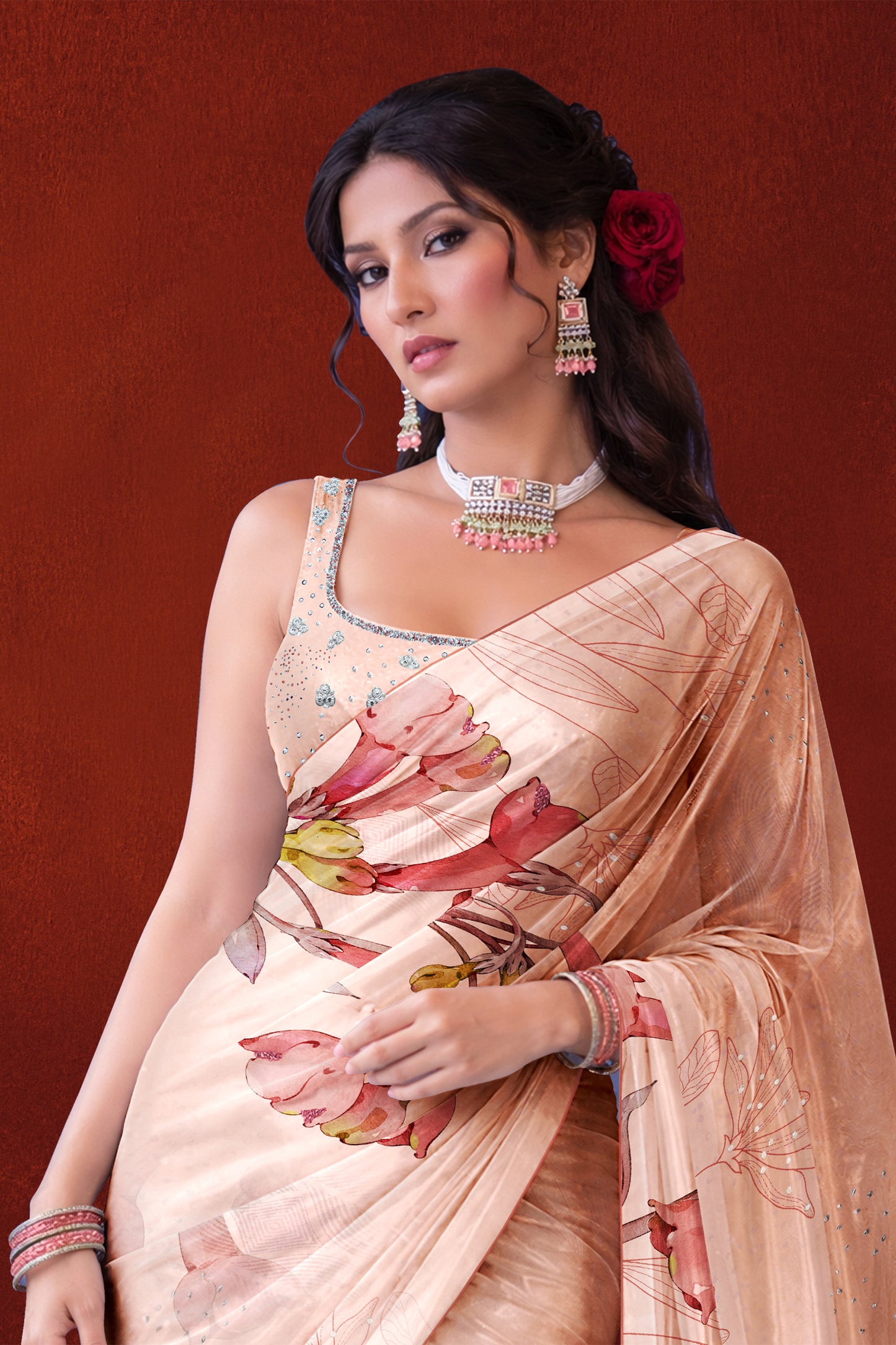 Ira hand  Sketch floral Printed Satin silk tissue Saree - Soft Peach