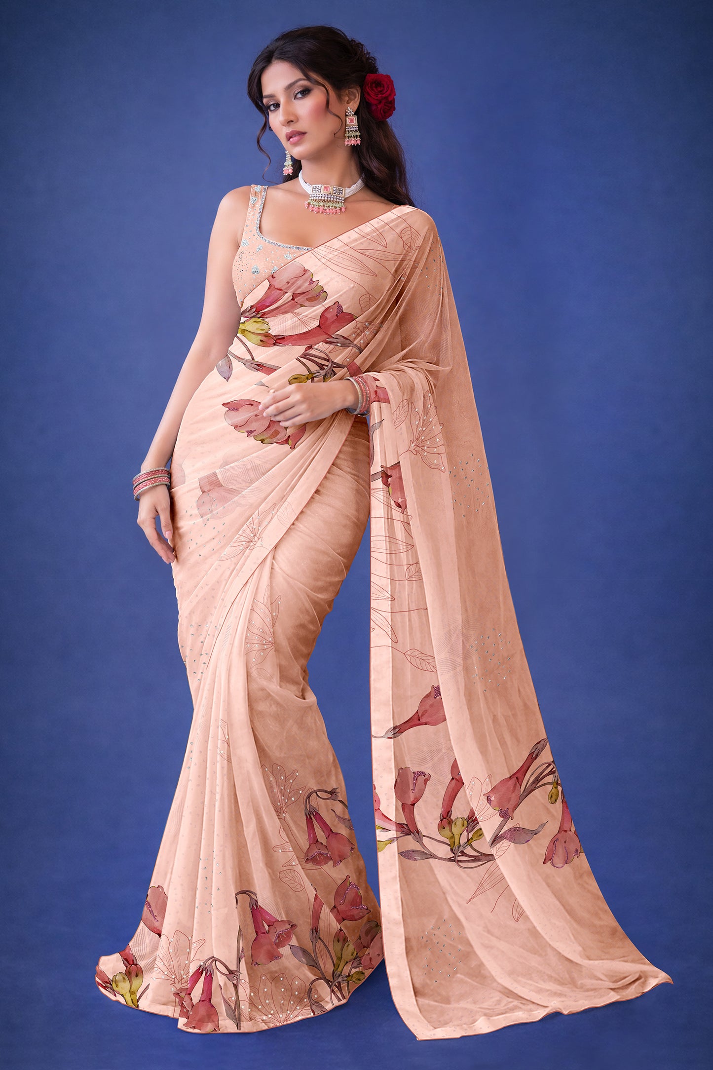Ira hand  Sketch floral Printed Satin silk tissue Saree - Soft Peach