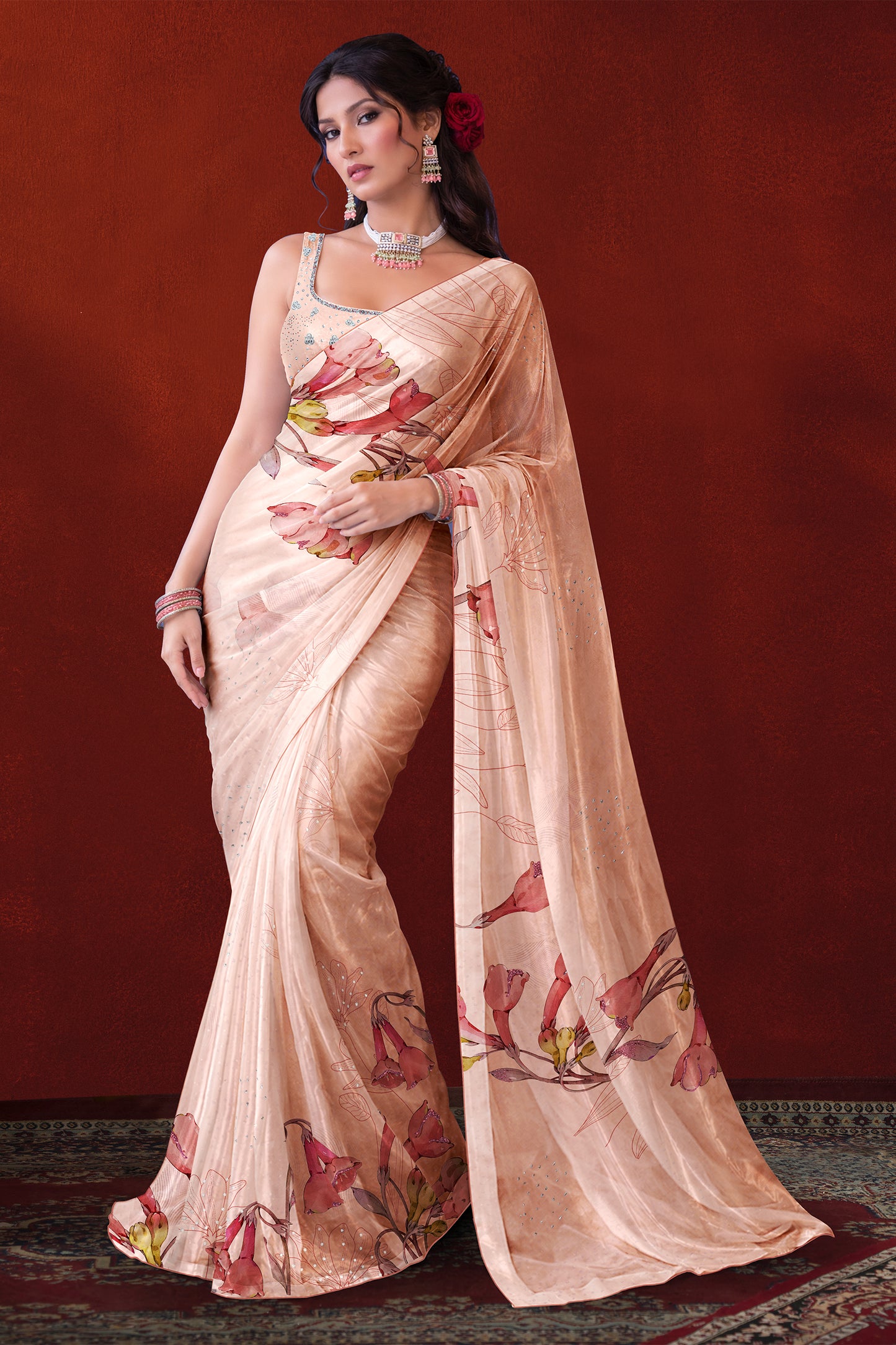 Ira hand  Sketch floral Printed Satin silk tissue Saree - Soft Peach