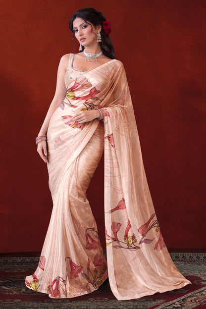Ira hand  Sketch floral Printed Satin silk tissue Saree - Soft Peach