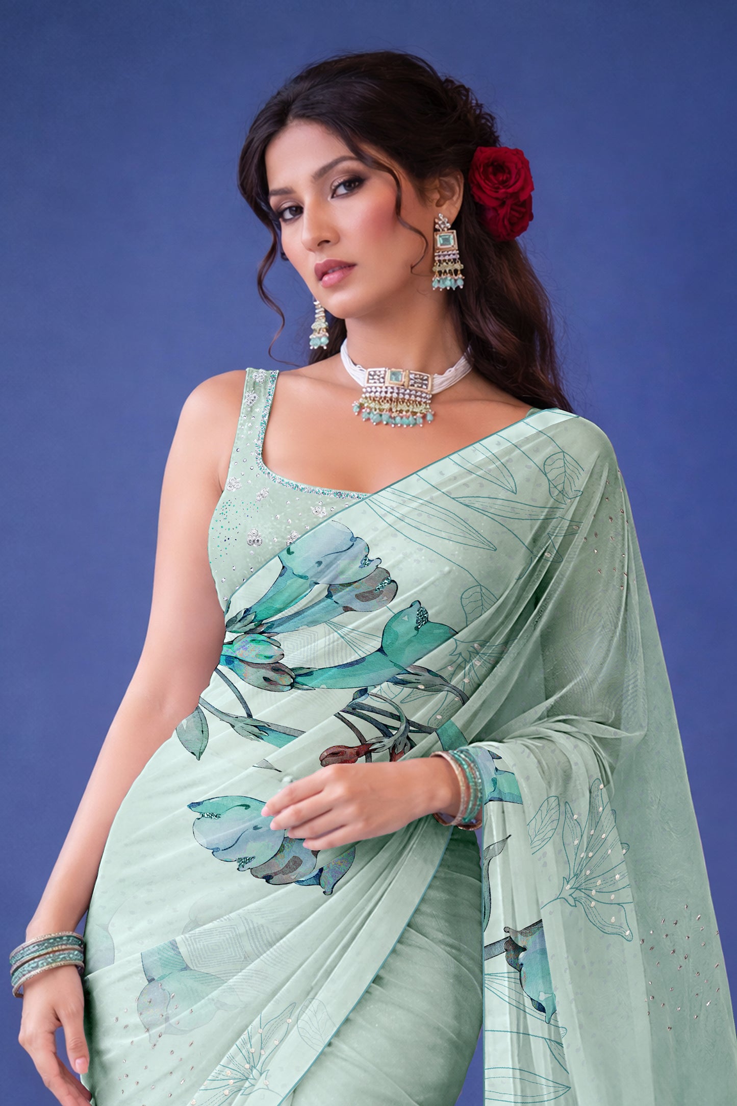 Ira hand Sketch floral Printed Satin silk tissue Saree - Mint Green